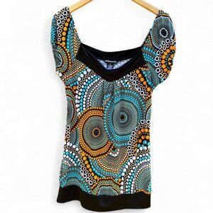 3/$15 Cute vintage Y2K multicolored off shoulder blouse with black trim babydoll